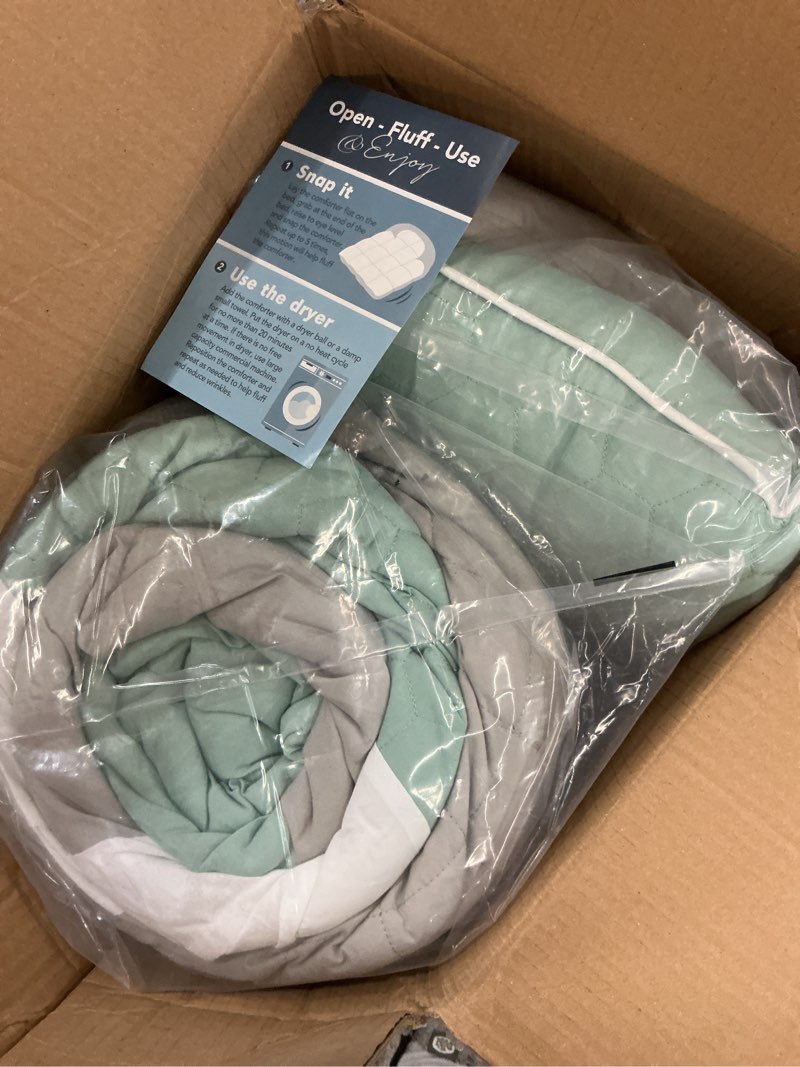 Condition photo showing Good Condition for 510 design cozy comforter set - geometric honeycomb design, all season down alternative casual bedding with matching shams, decorative pillows, full/queen (90"x90"), seafoam/grey 8 piece queen tinsley seafoam/grey