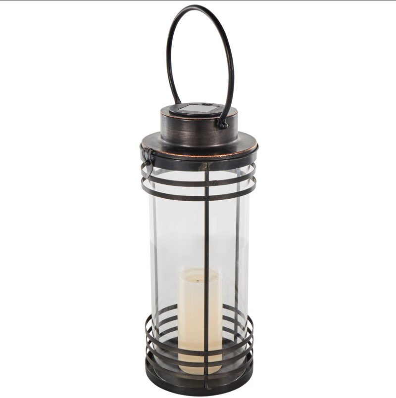 (( case pack of 4))black metal  indoor outdoor candle lantern with round circle lines, 7\" x 7\" x 17\"