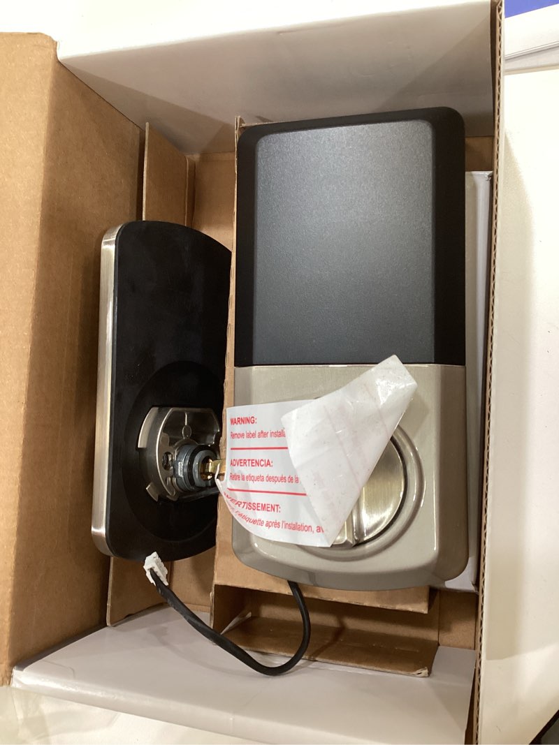Condition photo showing As Is for kwikset powerbolt 250 10-button keypad satin nickel transitional electronic deadbolt door lock, featuring convenient keyless entry, customizable user codes, and auto-locking