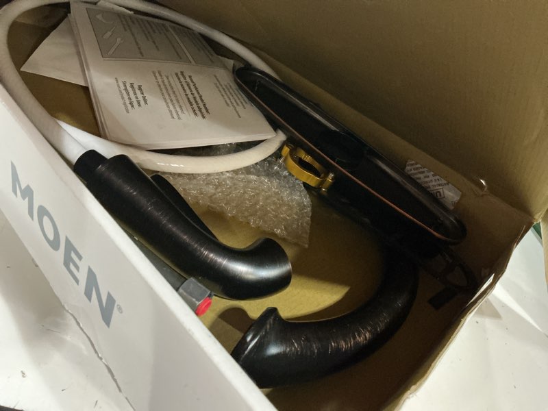 Condition photo showing As Is for moen wetherly mediterranean bronze high-arc kitchen faucet with side spray, 87999brb 6.00 x 6.00 x 4.00 inches mediterranean bronze