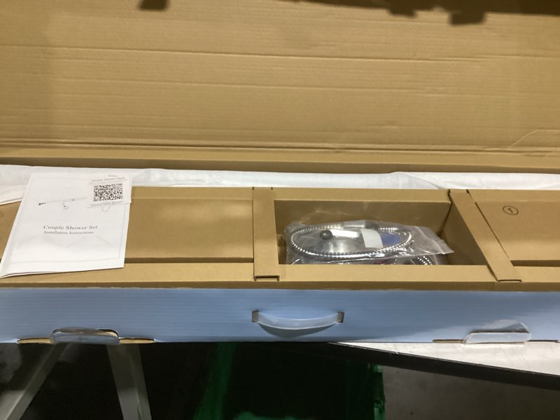 Condition photo showing New/Like New for tandem shower, dual shower heads for couples & handheld head, triple shower head system for two people, high pressure and adjustable double shower heads and handheld shower head?silver) three showerheads silver