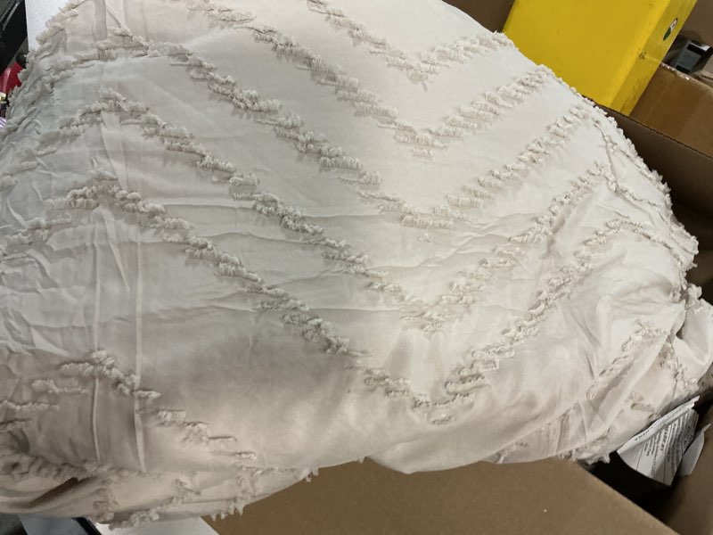 Condition photo showing As Is for 3Pcs Tufted Boho Farmhouse Shabby Chic Embroidery Khaki Queen Size Comforter Set - Bedsure 90”x 90”