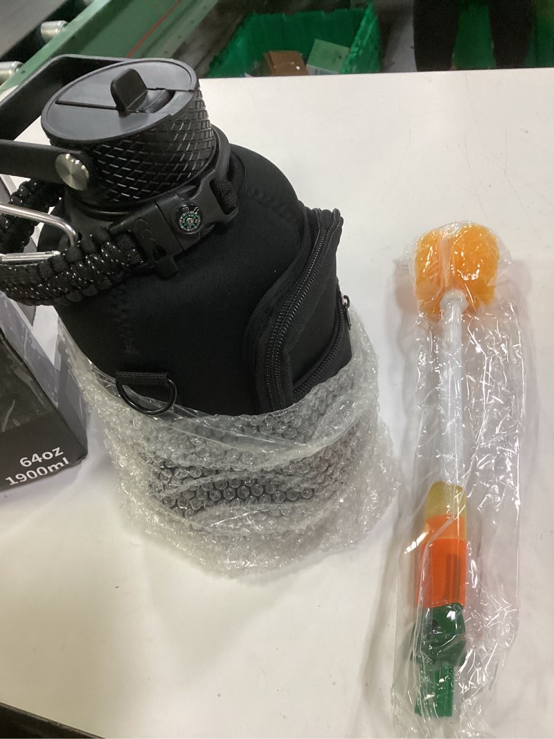 Condition photo showing As Is for Insulated Water Bottle 64oz,Triple Wall Vacuum Stainless Steel(Dishwasher Safe),Leak Proof & Non-BPA,Flask Jug with Paracord Handle & Straw Spout Lids Sports Black 64 Ounces Black