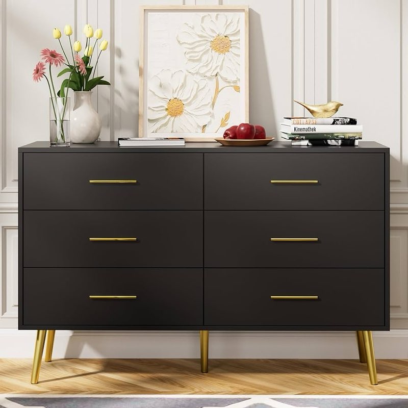 black 6 drawer dresser with gold handles