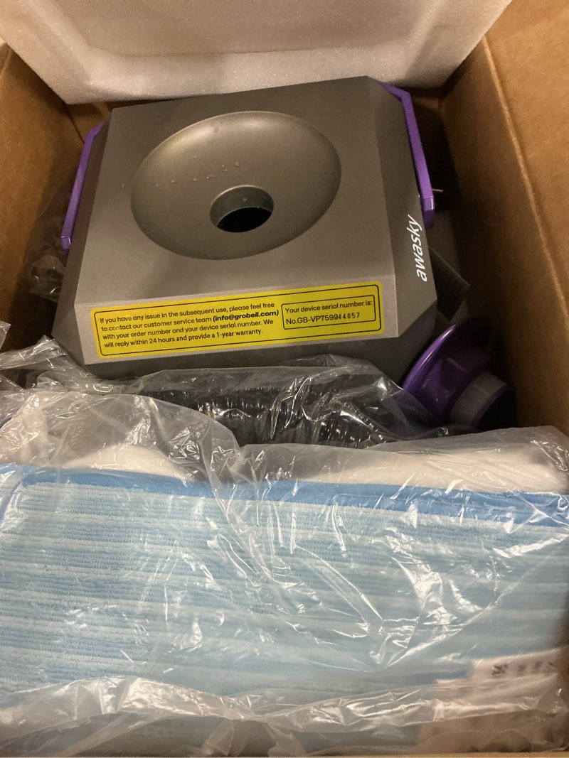 Condition photo showing As Is for canister steam cleaner: 50-sec heat-up, 0.6 gal tank refill anytime (non-pressurized), 1650w, 60 psi, 21-pcs kit, dry/wet modes, detachable hose for tile grout furniture floor car cleaning gray