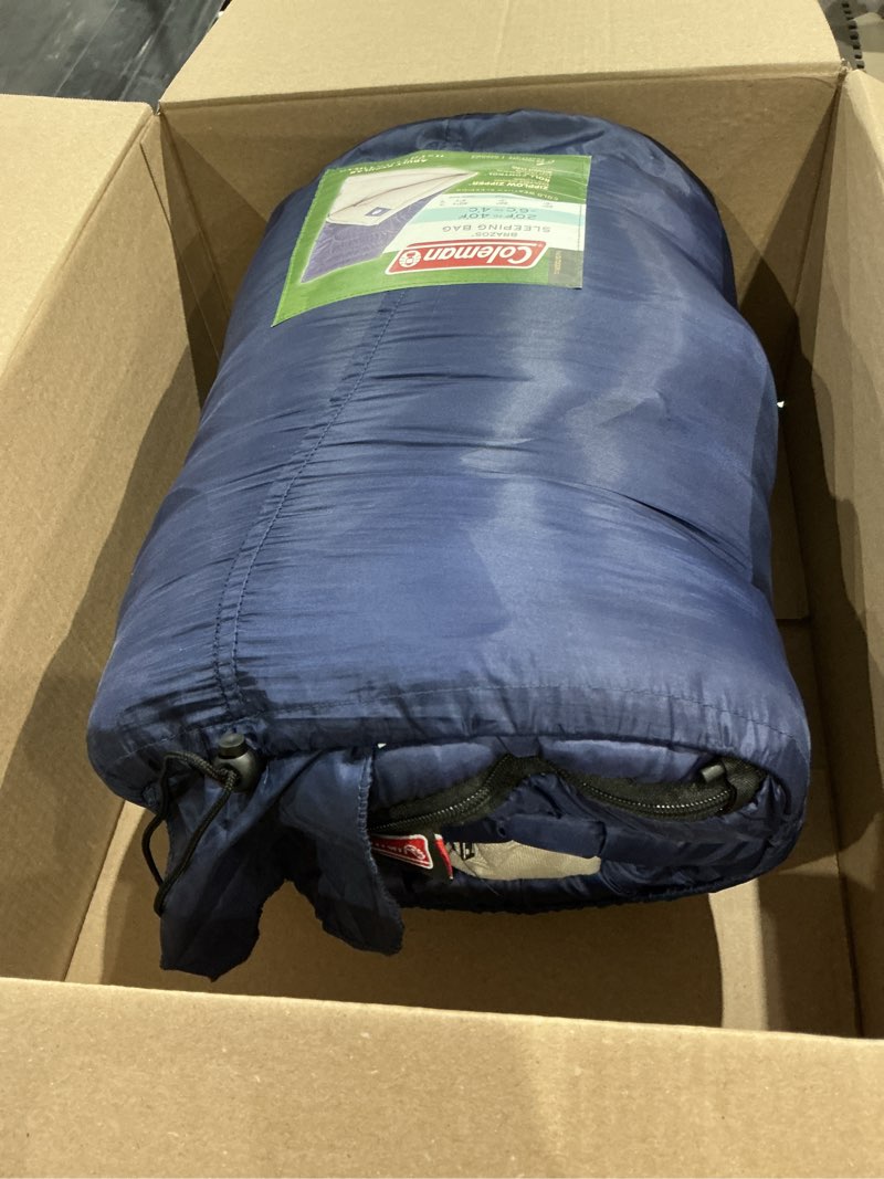 Condition photo showing As Is for coleman brazos 20/30°f adult cool-weather sleeping bag with no-snag zipper & stuff sack, machine washable, great for camping, traveling, guests, & more pfas-free 30°f