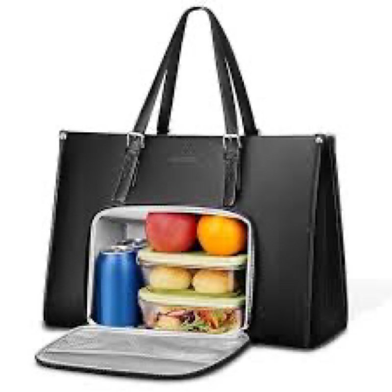  MATEIN Bolsa de mano para portátil con compartimento aislado para el almuerzo, maletín de piel sintética de 15.6 pulgadas con bolsillo para lonchera a prueba de fugas para mujeres, bolsa de trabajo - Color Negro -