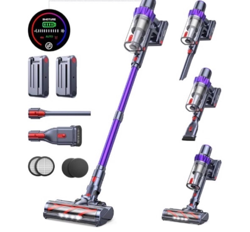 cordless vacuum cleaner, 2 batteries 110 mins runtime vacuum cleaners for home, 45kpa 550w stick vacuum with brushless motor, automatically adjust suction, handheld vacuum for pet hair/carpet/floor