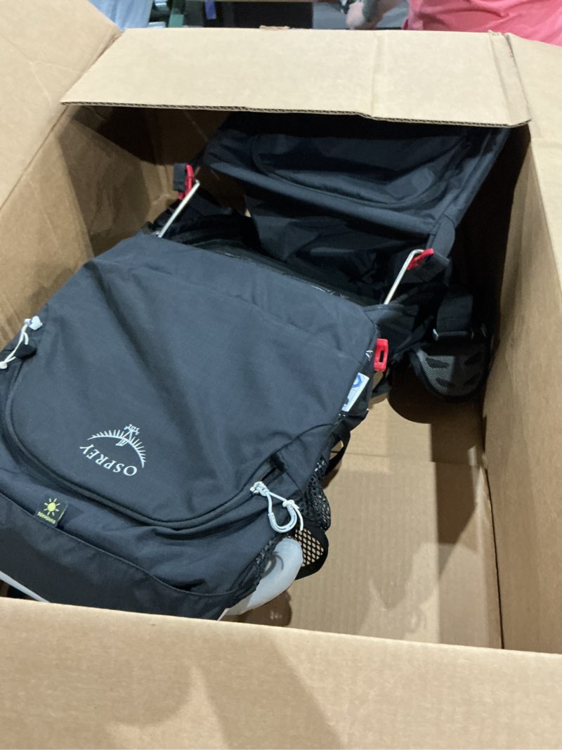Condition photo showing As Is for damaged osprey poco slt lightweight child carrier backpack - slimmed-down hiking carrier for toddlers with safety harness, sunshade, and ventilated backpanel - lightweight travel-friendly option black