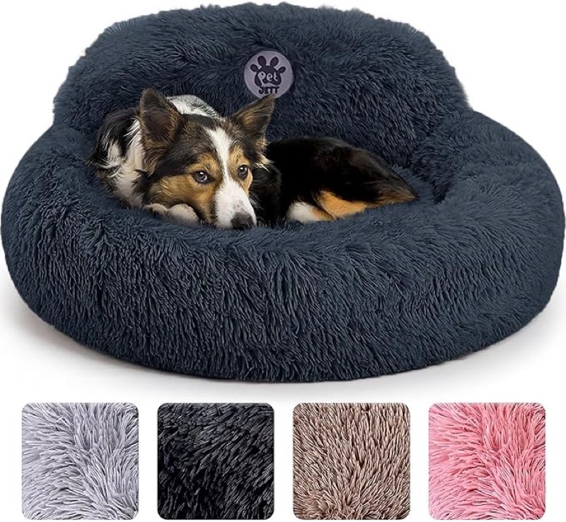 petjett calming dog bed medium size dog - 30'' donut bed, anti-slip & washable super soft fluffy plu