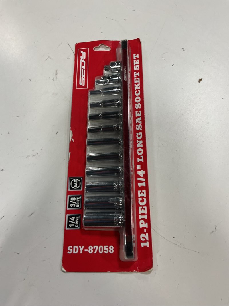 Condition photo showing New/Like New for 12-piece 1/4" drive sae long socket set 3/16" - 9/16" with 1 piece magnetic organizer rail rack, premium 6-point deep socket assortment with 3/8" to 1/4" adapter and 1/4" universal joint (red)