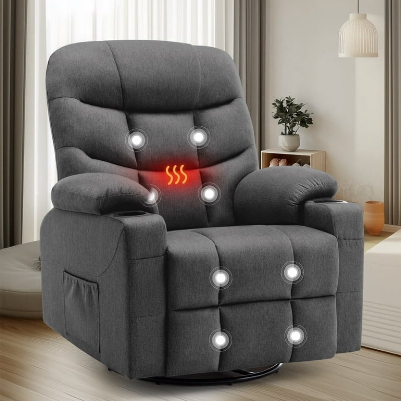 recliner chair with heat and massage,manual recliner, 360° swivel recliners for adults, rocker recliner with side pockets and cup holders