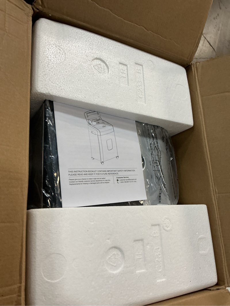 Condition photo showing New/Like New for bonsaii paper shredder for office, 120-sheet autofeed heavy duty shredder for home office use, 30 minutes/micro cut/p-4 high security level/6 gallon large bin