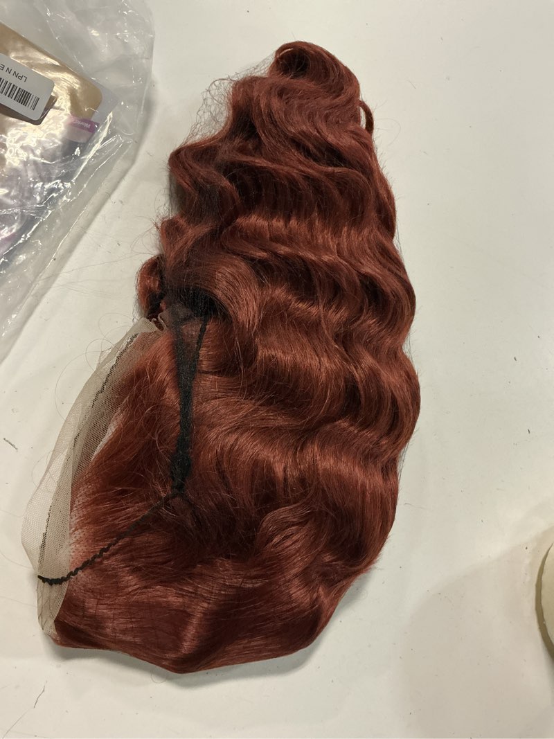 Condition photo showing Good Condition for hair curly short 14inch burgundy half hand tied heavy density realistic synthetic lace front wigs