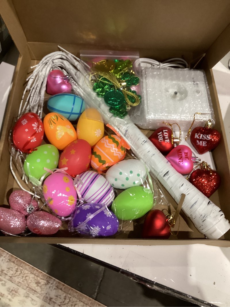 Condition photo showing Good Condition for Honoson 24 Inch Valentine's Day Decor Lighted Birch Tree with 36 Pcs Heart Shamrock Egg Hanging Ornaments 24 LED Lights Birch Tree for Valentines St Patrick's Easter Table Centerpiece(Classic)