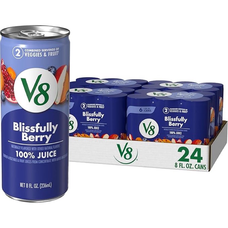 (Best by:24/DEC/25) V8 Blissfully Berry 100% Fruit and Vegetable Juice, 8 fl oz Can (24 Pack)