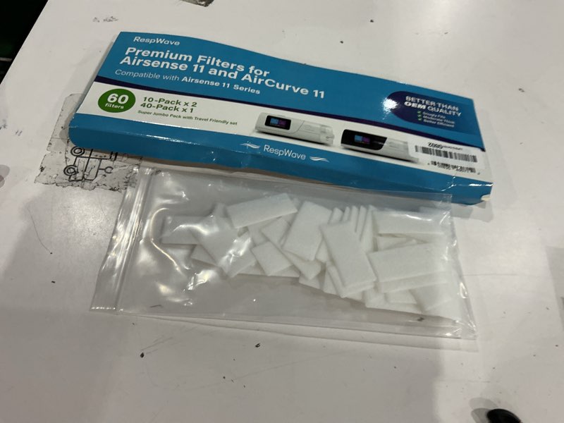 Condition photo showing As Is for 60-pack premium cpap filters compatible with airsense 11 & aircurve 11 machines, ultra fine replacement with extra thick, high filtration & smooth airflow, travel friendly