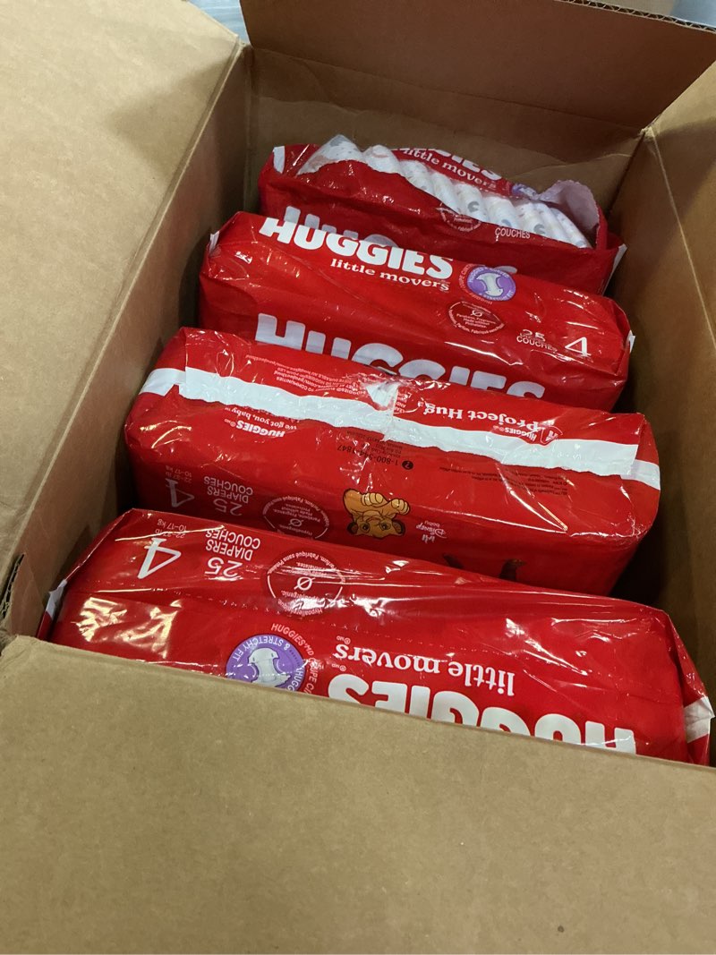 Condition photo showing As Is for huggies size 4 diapers, little movers baby diapers, size 4 (22-37 lbs), 150 count (6 packs of 25), packaging may vary size 4 150