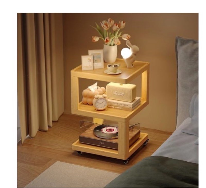 COMASACH Solid Wood Bamboo End Table with Storage Shelves, 3 Tier Bed Sofa Side Table with Wheels, Mobile Minimalist TV Tray Nightstand for Small Space, Living Room, Bedroom