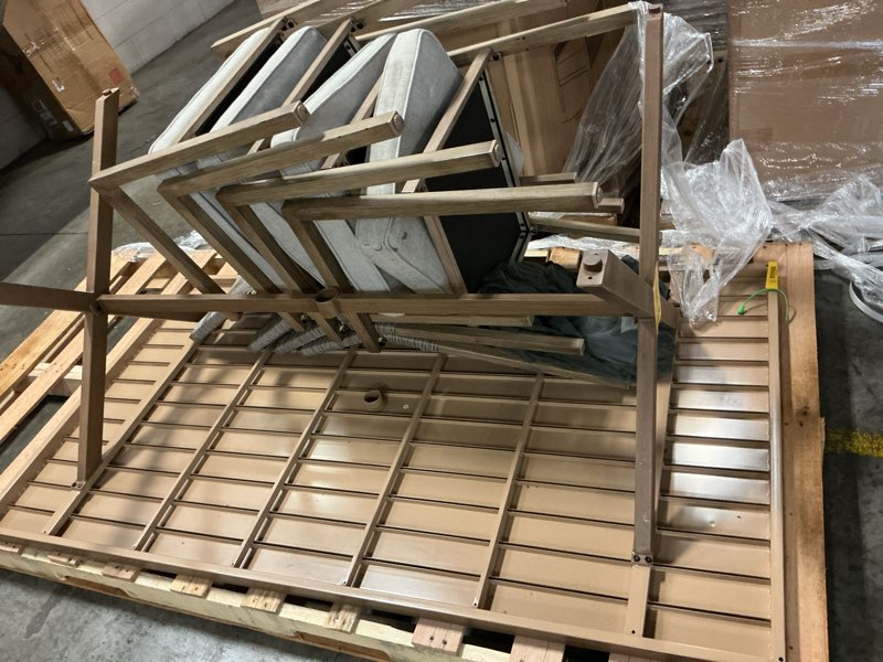 Condition photo showing As Is for (incomplete) metal  dining set 5 piece rope weave dining chairs and table with umbrella