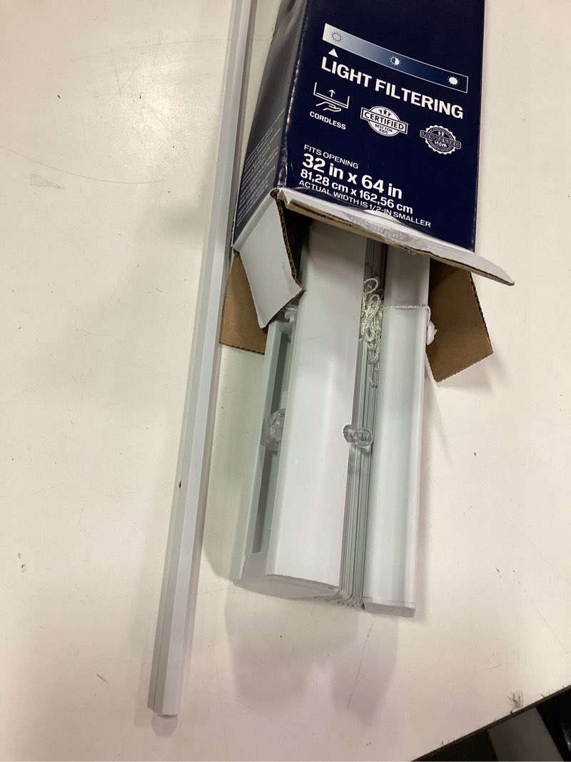Condition photo showing As Is for Project Source 1-in Slat Width 32-in x 64-in Cordless White Vinyl Light Filtering Mini Blinds