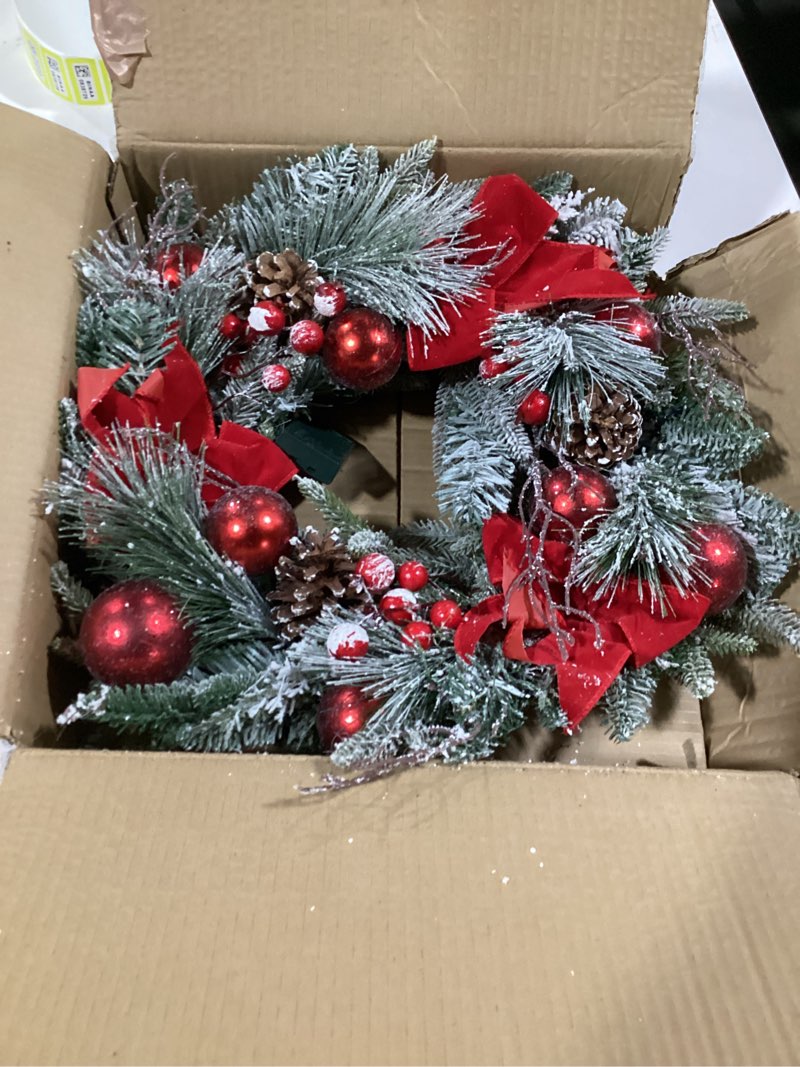 Condition photo showing As Is for 24 in Pre-Lit Christmas Wreath for Front Door, Artificial Christmas Wreath with Bow Ribbon, Pinecones, Berries and Ball Ornaments, Battery Operated 30 Led Lights Xmas Wreath for Home Decor 24 inch Red & White - 3 Small Red Bows
