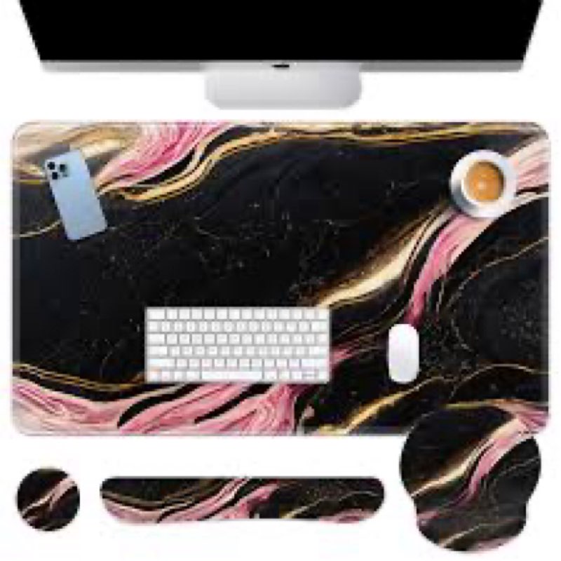 (INCOMPLETE ) Britimes Pink Black Gold Marble Keyboard Mouse Pad Set 4in1 Large Mousepad+Keyboard Wrist Rest+Mouse