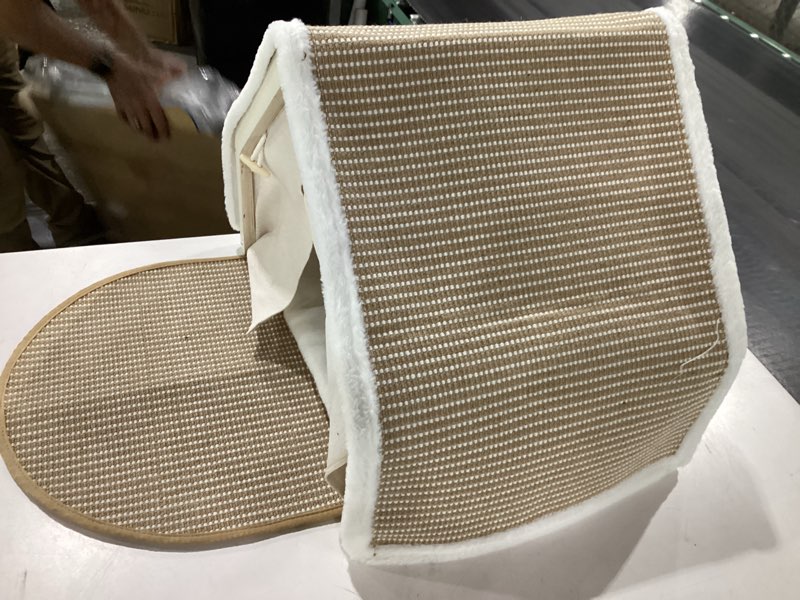Condition photo showing Good Condition for cat houses for indoor cats - 4 seasons cat bed cave with natural sisal cat scratcher mat, solid wood frame cat house with curtains and cat floor scratching pad rug, protect couch and carpets, m sharp roof (m) - 19.7*15.7*15.7''
