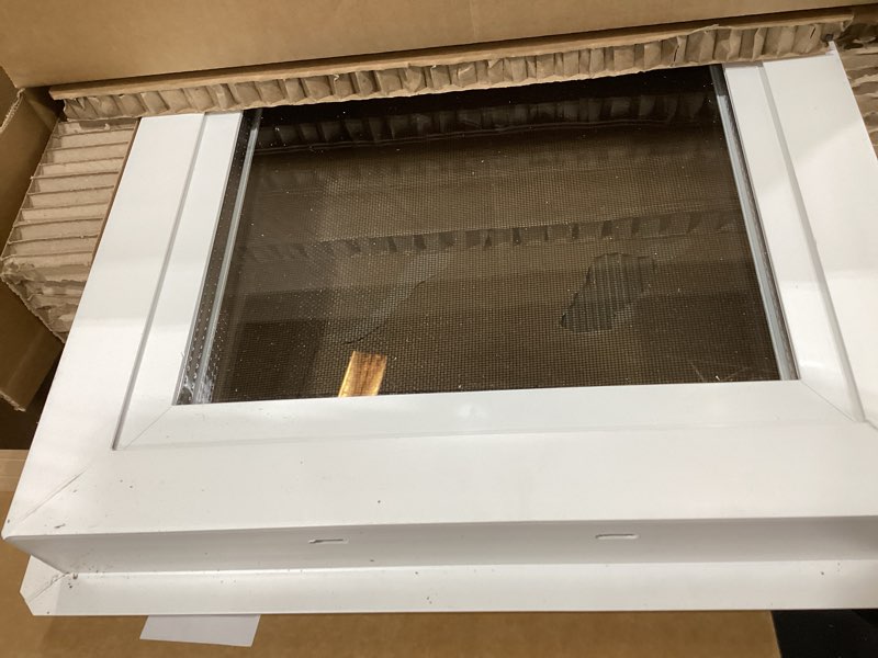 Condition photo showing Good Condition for vinyl basement window, bathroom sliding window 24" x 16" black | double pane insulated tempered glass and fiberglass screen for basement, bathroom, shed 24x16 in black