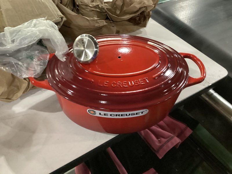 Condition photo showing As Is for Le Creuset Enameled Cast Iron Signature Oval Dutch Oven, 5 qt. , Cerise