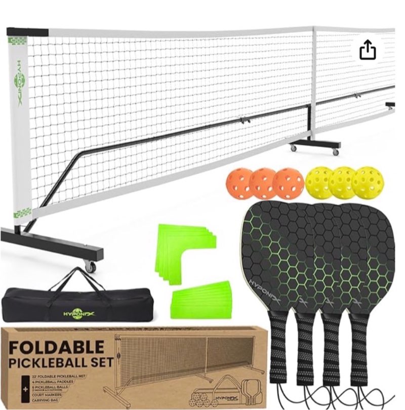 foldable pickleball set with net – portable outdoor net with wheels, 4 paddles, balls & markers, instant setup, compact storage (7.5’), regulation size for driveway & backyard games, easy relocation