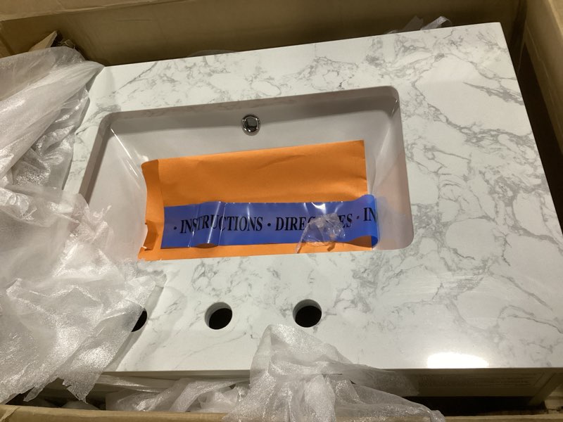 Condition photo showing As Is for possibly  incomplete. missing backsplash , as is , allen + roth pittman 30-in muse gray undermount single sink bathroom vanity with white engineered calacatta veined engineered stone top