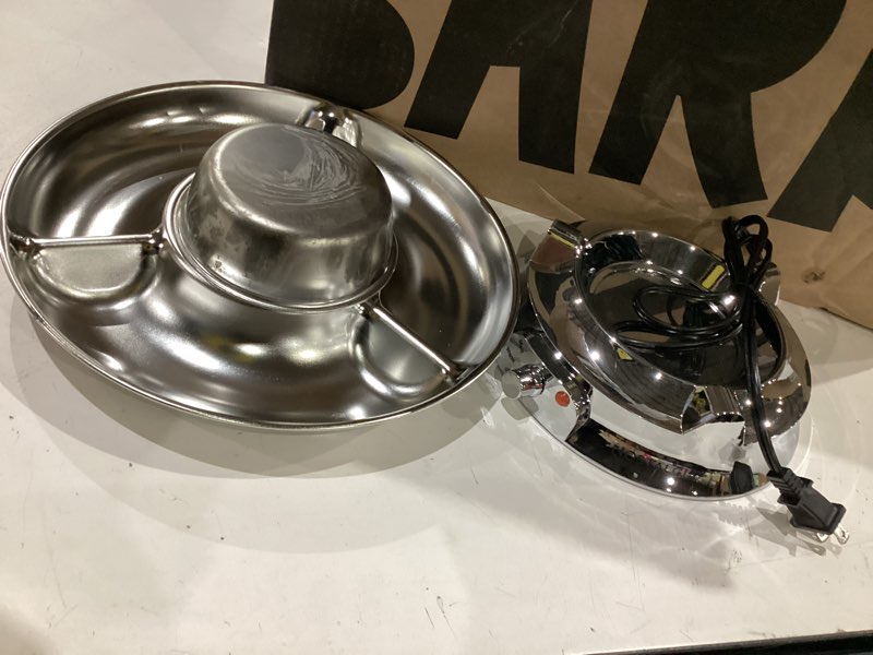 Condition photo showing As Is for nostalgia electric fondue party set – 10 oz melting pot, 4 roasting forks, & detachable serving tray – melted cheese, chocolate, or dessert – perfect for gifts, parties, date night – stainless steel 10 oz stainless