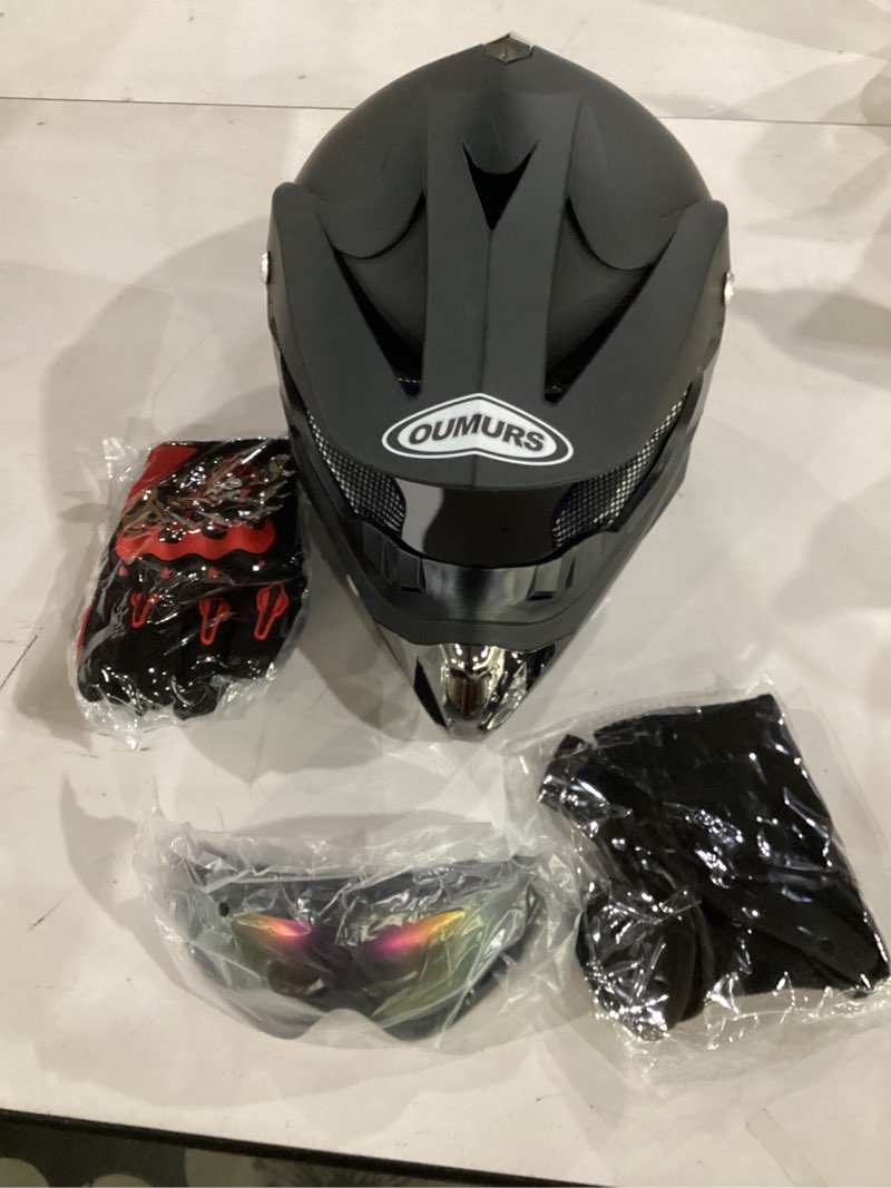 Condition photo showing Good Condition for oumurs adult motocross dirt bike helmet with goggles, gloves & mask dirt bike atv helmet for unisex-adult men women adjustable sun visor dot/fmvss-218 off-road motorcycle helmet utv helmet downhill new black medium