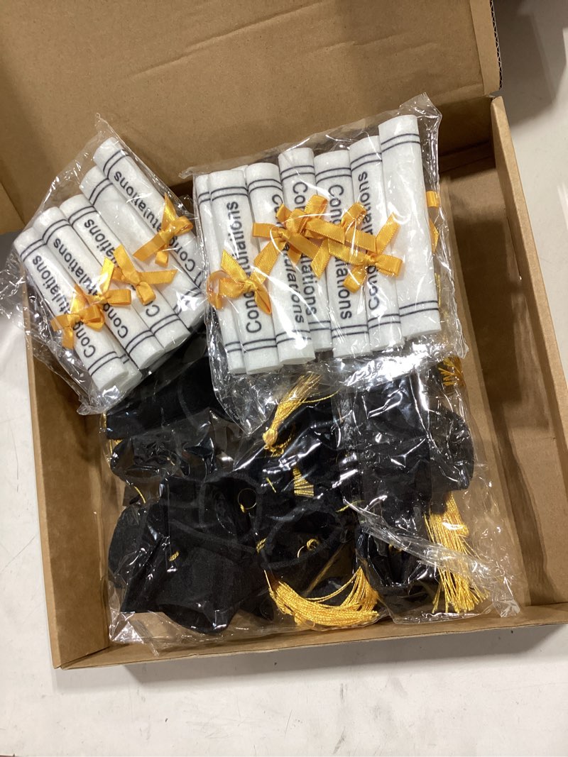 Condition photo showing Good Condition for breling 48 pcs mini graduation cap decorations 2026 black felt small grad cap with gold tassel & scroll diploma decor hat cupcake bottle toppers table centerpieces for grad party supplies black and gold