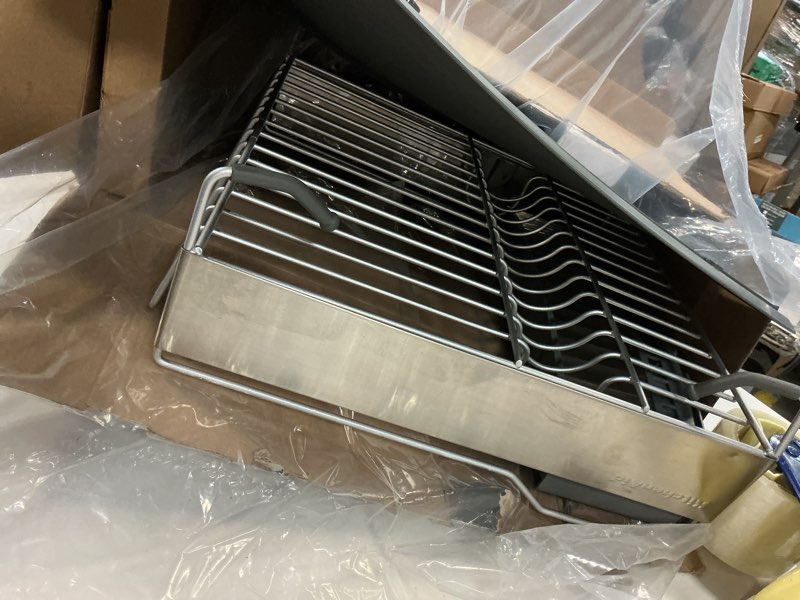 Condition photo showing item condition for kitchenaid large capacity full size rust resistant dish rack with angled drain board and removable flatware caddy, light grey gray full size