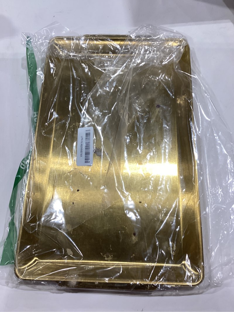 Condition photo showing As Is for 15.8" x 9.5" large serving platters set of 2, stainless steel heavy-duty large serving trays, gold rectangular plates for food, fruit, party, wedding, christmas, chip and scratch resistant gold-15.8" x 9.5" 2