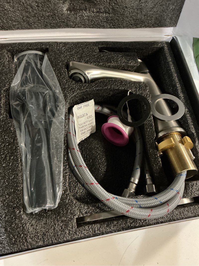 Condition photo showing New/Like New for belz brushed nickel bathroom faucet, modern single handle one hole bath vanity sink faucet with pop up drain and deck plate for 1 or 3 holes