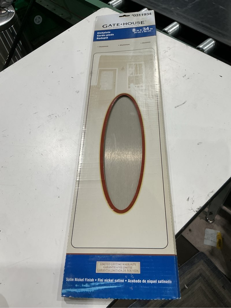 Condition photo showing Good Condition for reliabilt 8-in w x 34-in h satin nickel kick plate
