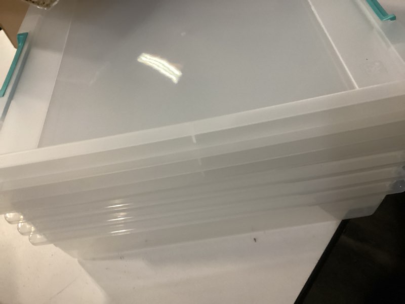 Condition photo showing Good Condition for IRIS USA 6 Qt. Storage Bins with Lids, 4-Pack, |Made in USA|, Small Plastic Craft Container Sensory Totes for Art Supplies, Paper, and Office, Stackable - Clear 6 Qt. - 4 Pack