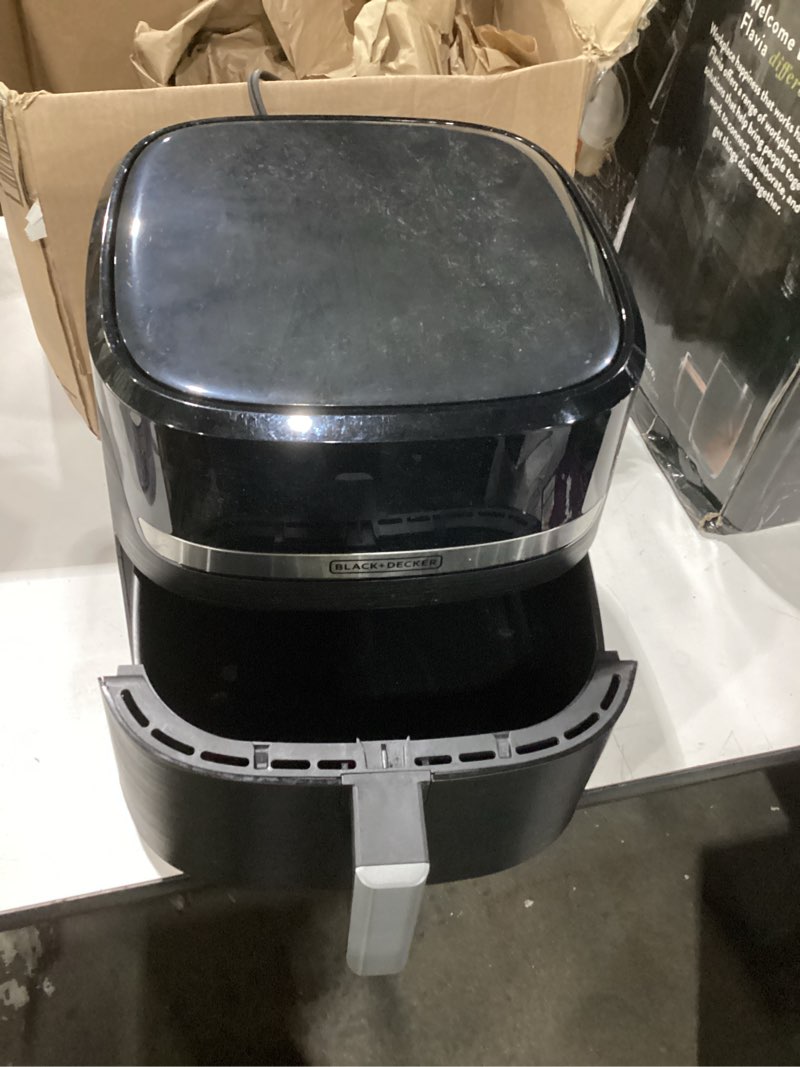 Condition photo showing As Is for black+decker purifry 8qt air fryer, crispy deep fried taste without the fat, plus bake, dehydrate, and keep food warm, digital touchscreen and auto shut-off 8 qt