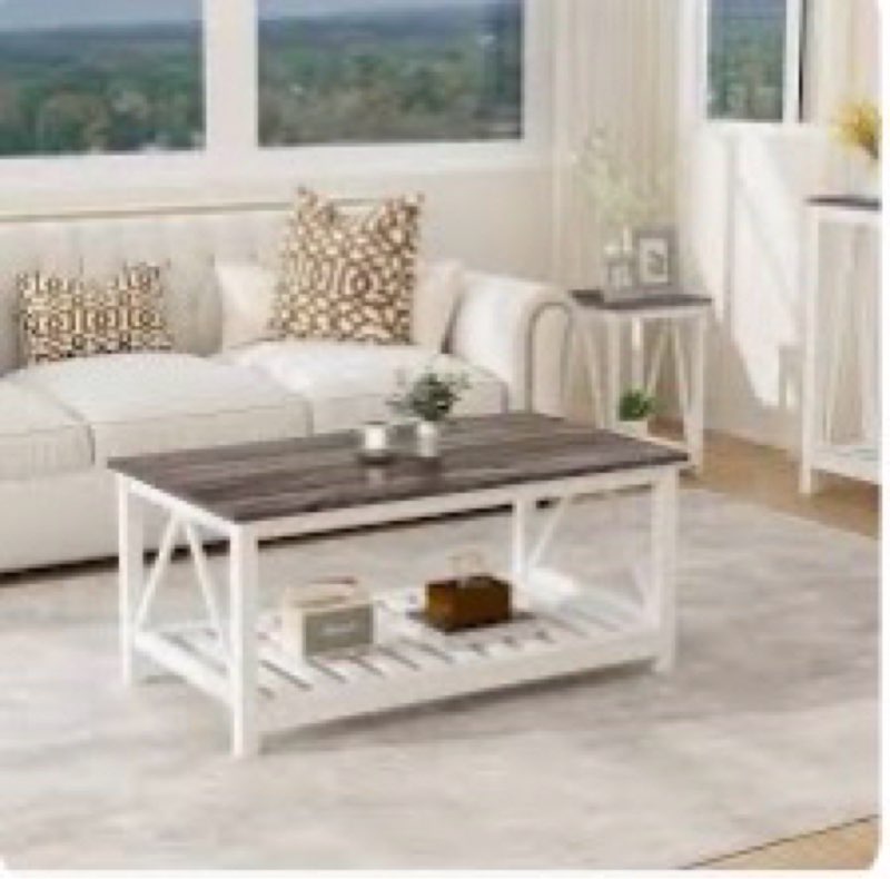 Farmhouse Coffee Table, White Oak Coffee Table for Living Room, 2-Tier Rectangular Wooden Centre Cocktail Table with Slats Shelf Storage and V-Shaped Frame Modern Coffee Oak Grey (color may vry)