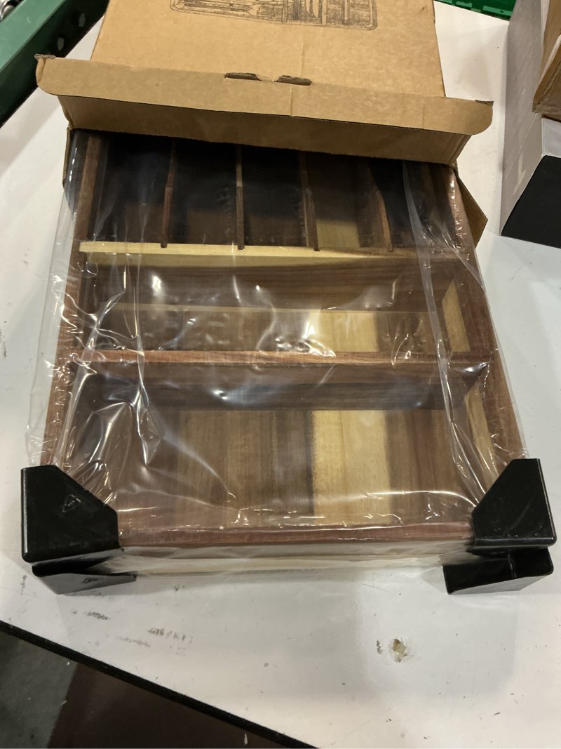Condition photo showing New/Like New for silverware drawer organizer, acacia wood tray for cutlery & flatware | fixed 10.5" wide, 7-compartment utensil holder for forks & spoons