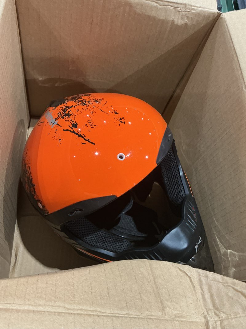 Condition photo showing Good Condition for full face dirt bike helmet dot certified - complete adult atv helmet kit with goggles, gloves & mask, adjustable visor, quick release large orange floral prints