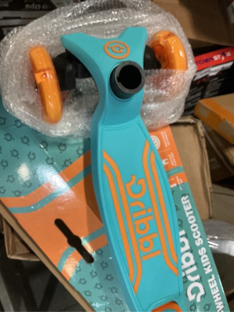Condition photo showing As Is for dribbl 3-wheel kids scooter - lean-to-steer technology, adjustable height handlebar, wide deck, scooter for boys & girls ages 3+, child safety approved, support riders up to 165 lbs, light blue/orange light blue & orange