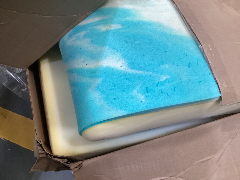 Condition photo showing As Is for novilla king memory foam mattress topper 2 inch, cooling gel infused, ventilated pressure relief pad, soft comfort for sofa, rv, camper, dorm room 2 inch blue king