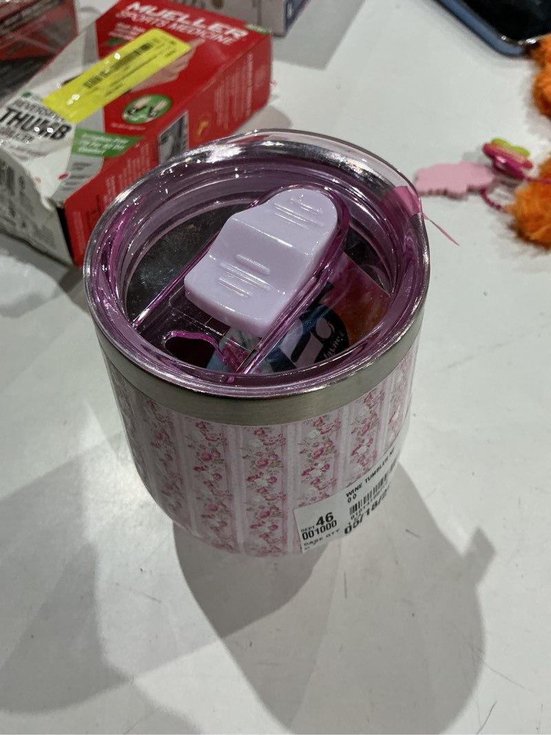 Condition photo showing Good Condition for hi peach layne, mother's day gift set, pink stripe floral wine tumbler with nail file
