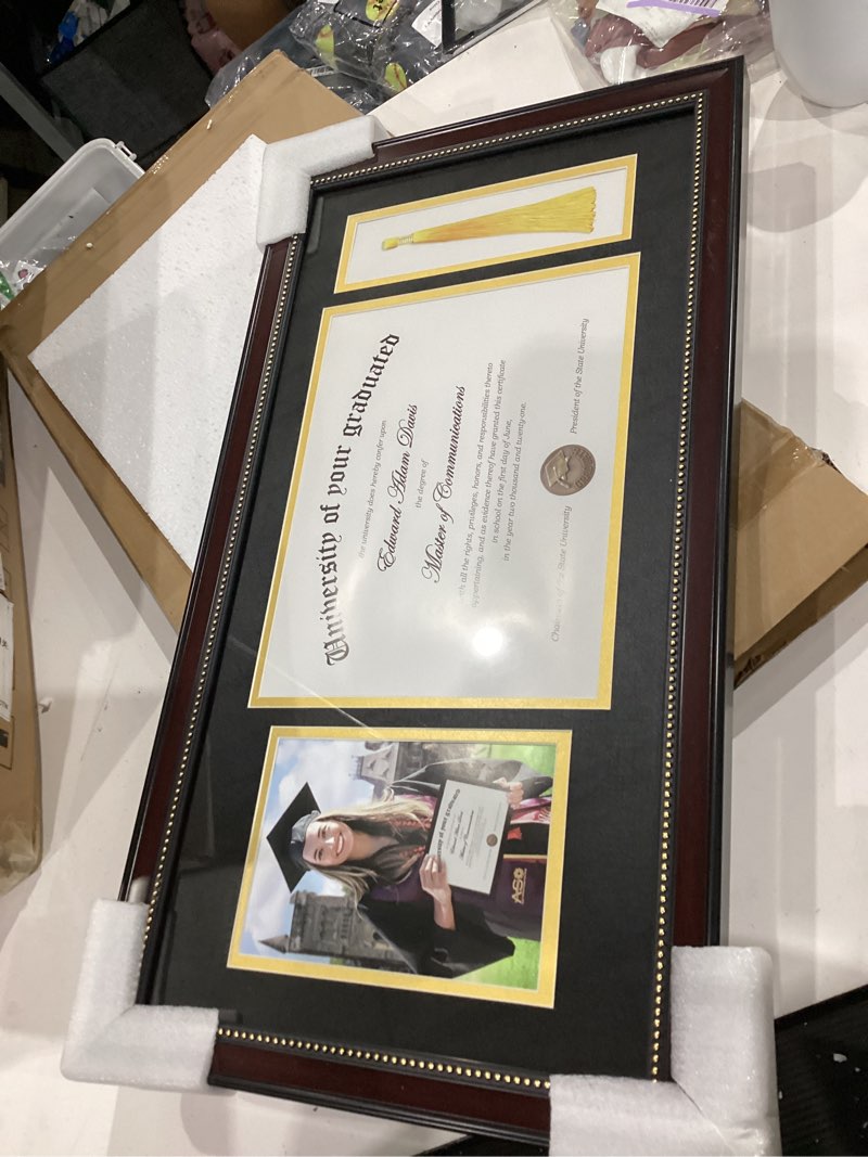 Condition photo showing Good Condition for upsimples 11x22 diploma frame with tassel holder for 8.5x11 certificate and 5x7 photo with black over gold mat, high definition glass, mahogany with gold beads, 1 pack mahogany 11x22