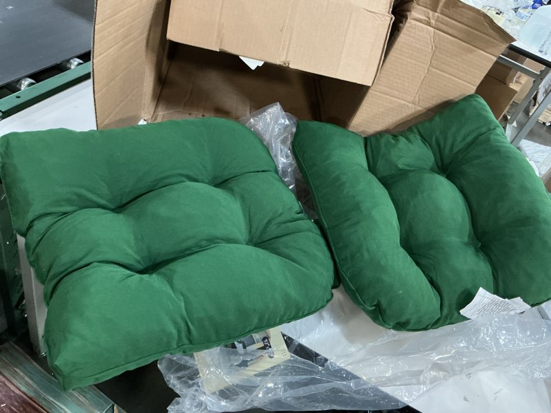 Condition photo showing Good Condition for 19x19 outdoor chair cushions set of 2, tufted wicker patio furniture cushions, thick outdoor seat cushions for lawn chairs, overstuffed and water resistant, green 01 - forest green 19"x19"x5"(pack of 2)