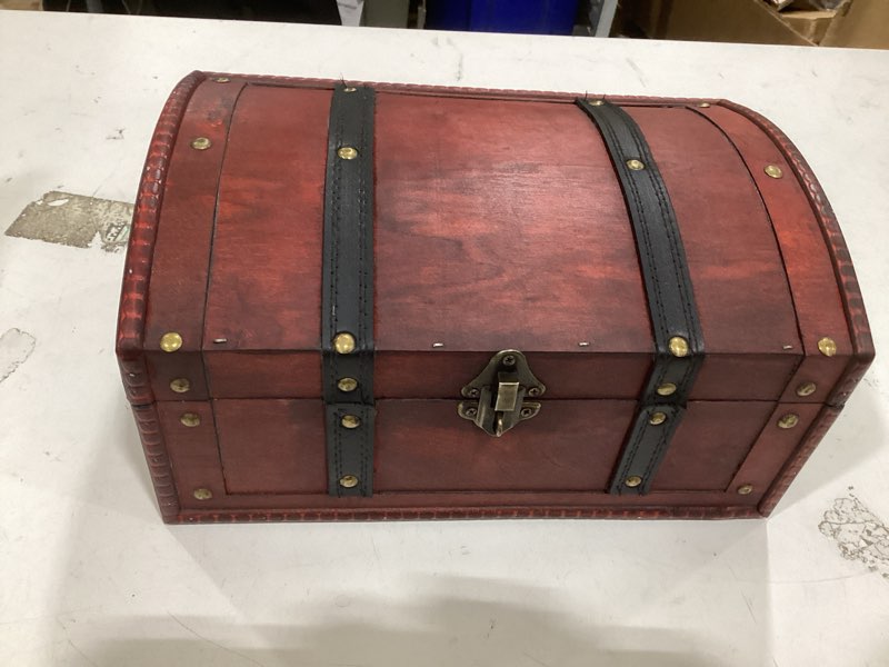 Condition photo showing As Is for happenings wooden treasure chest box – red lockable vintage decorative chest for storage, keepsakes, jewelry, trinkets– pirates wooden chest decor (11.8x8x6)